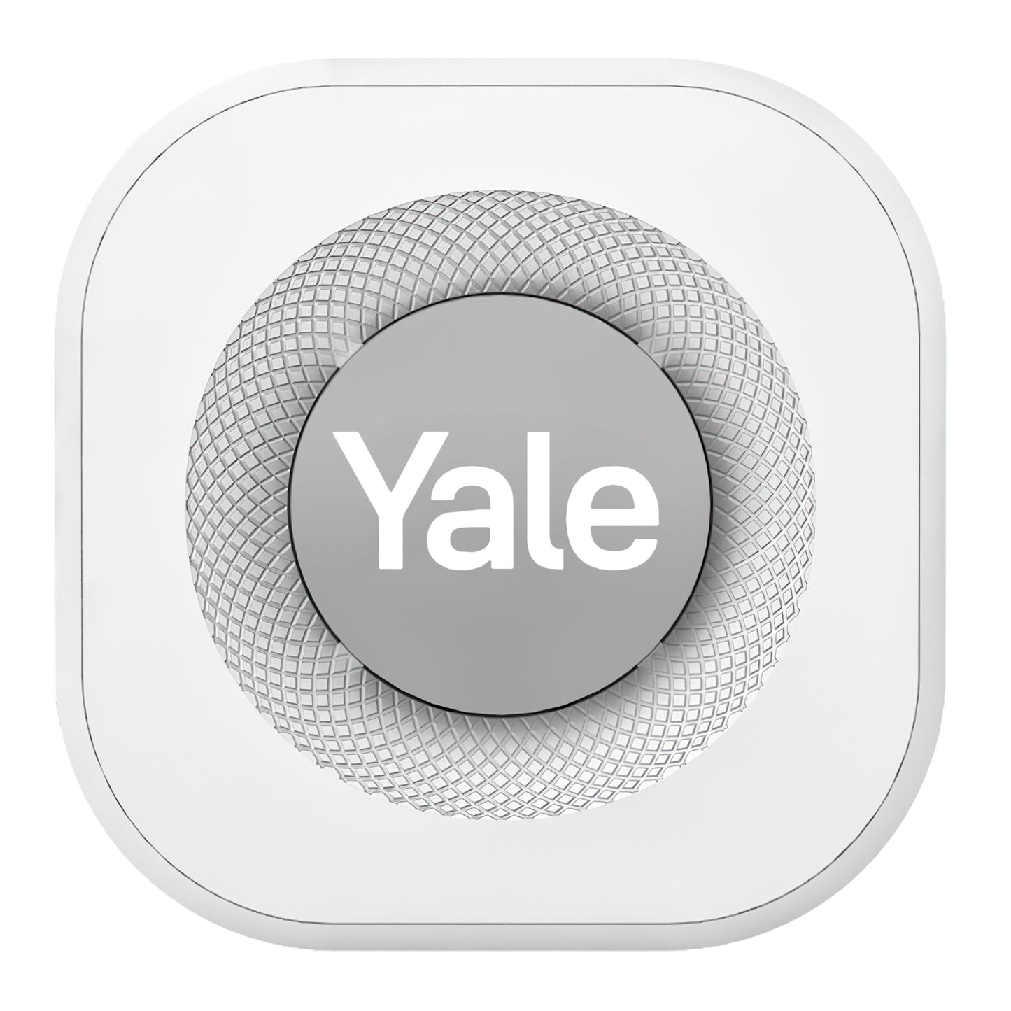 Yale dørklokke, hvid, kvadratisk med afrundede hjørner, cirkulært mønster og Yale-logo i hvidt på grå centrum.