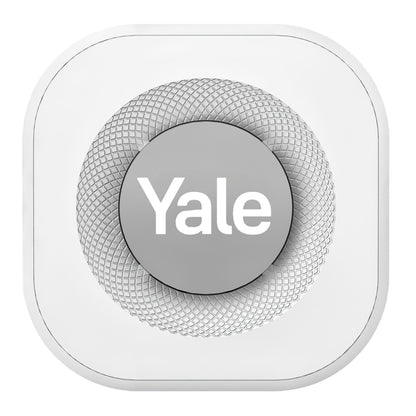 Yale dørklokke, hvid, kvadratisk med afrundede hjørner, cirkulært mønster og Yale-logo i hvidt på grå centrum.