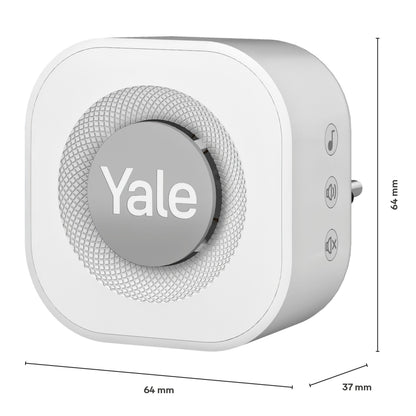 Yale Doorbell Chime, hvid, afrundede kanter, 64x64x37 mm, cirkulær højtaler, Yale-logo, knapper til lyd/melodi.