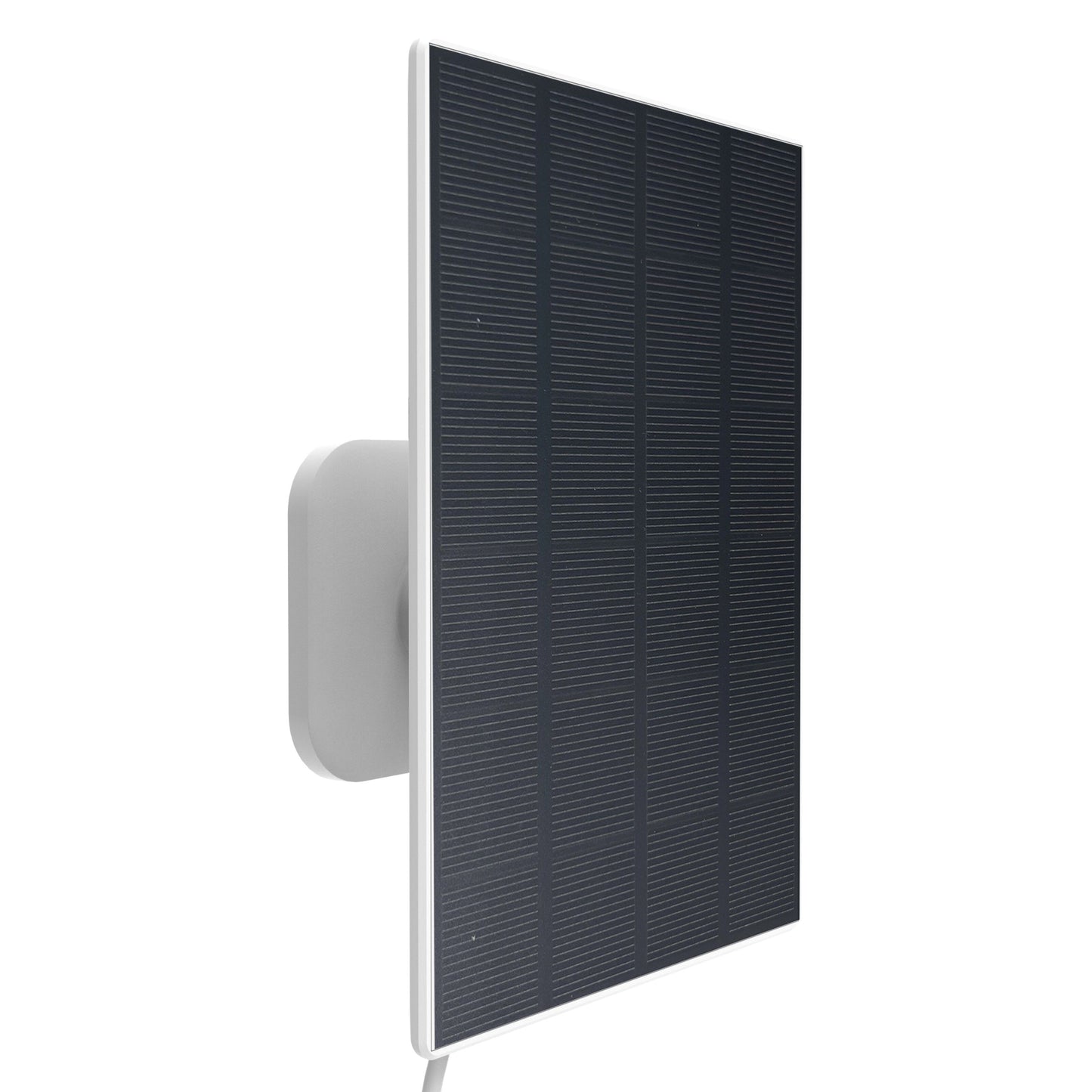 Yale Solcelleoplader, rektangulært solpanel med gittermønster, USB-C stik, monteret på hvid vægbeslag til Outdoor Camera.
