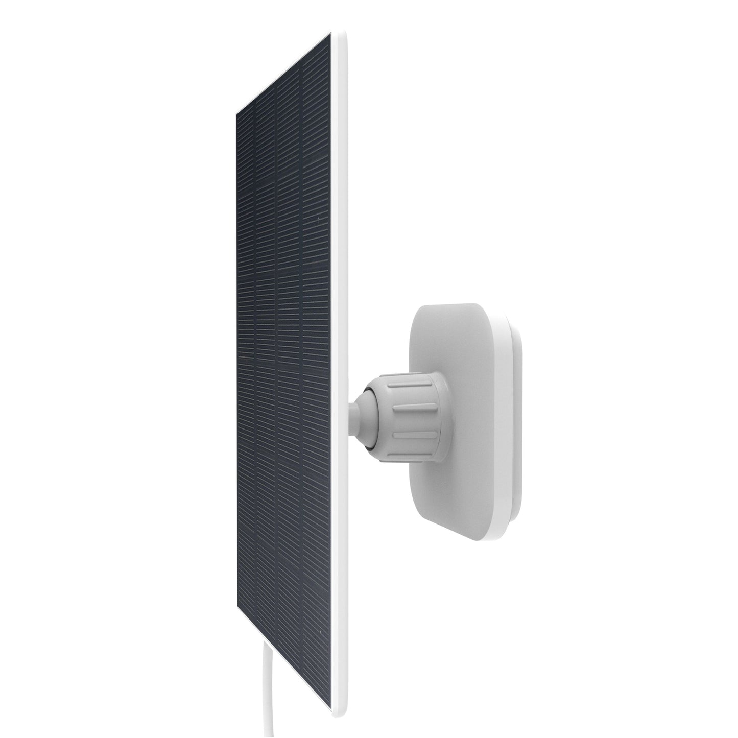 Yale Solcelleoplader sort, fladt rektangulært solpanel med gitterlinjer, hvid justerbar vægbeslag, hvid USB-C-kabel.