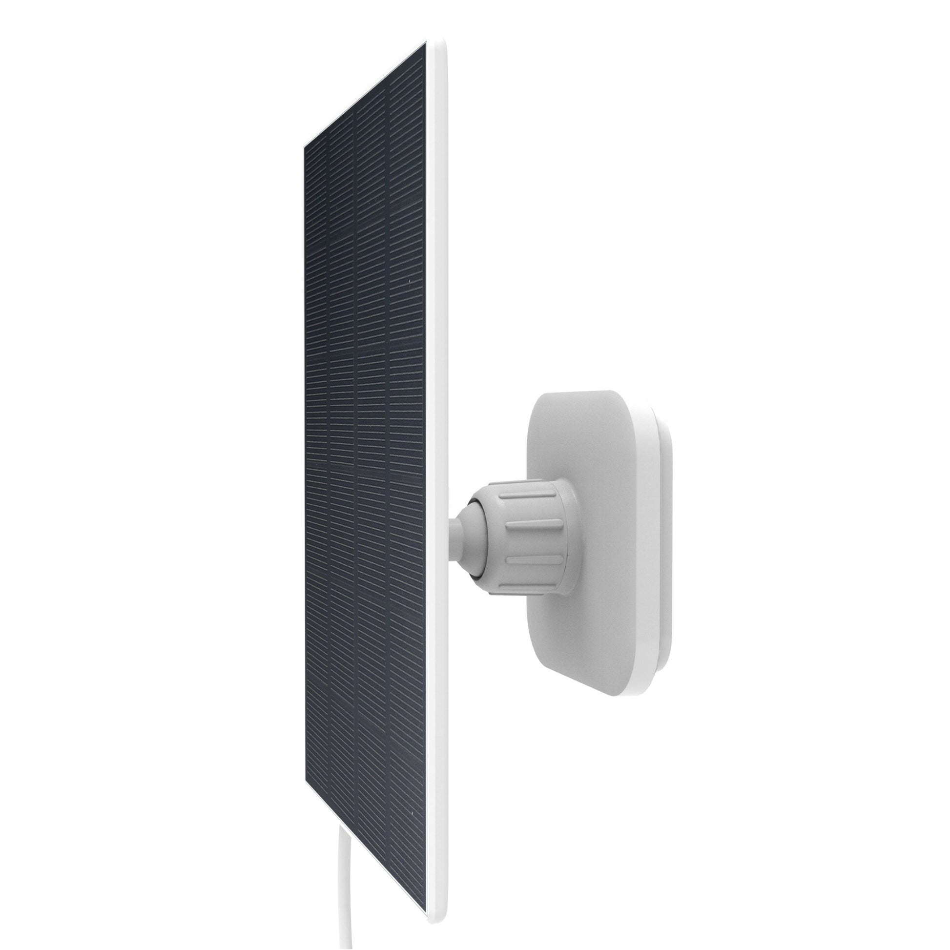 Yale Solcelleoplader sort, fladt rektangulært solpanel med gitterlinjer, hvid justerbar vægbeslag, hvid USB-C-kabel.