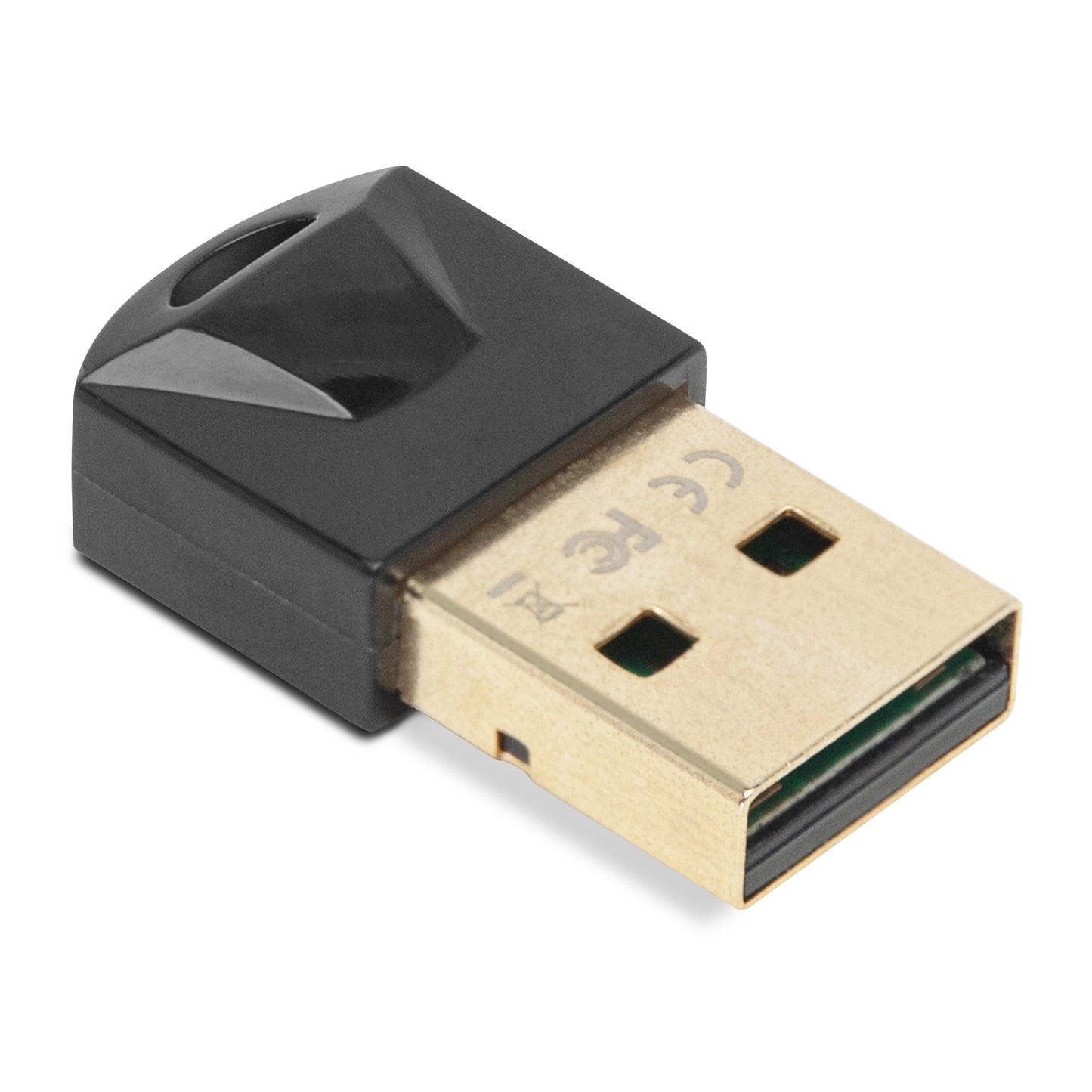 Plexgear Bluetooth-adapter 5.0 v.2 CB227, sort/guld USB-dongle med certificeringsmærker.