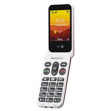 Doro Leva L31 4G mobiltelefon rød/hvid med store sorte knapper og farvedisplay viser tid, dato, temperatur, sol-ikon.