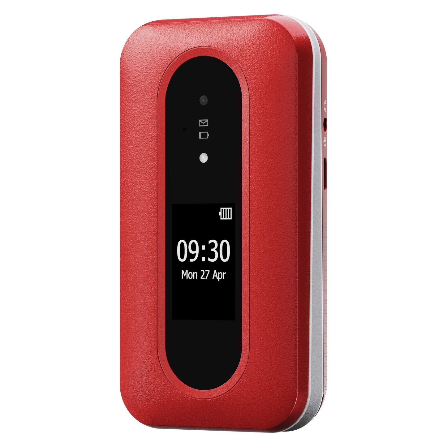 Doro Leva L31 mobiltelefon 4G rød/hvid med sort frontpanel, visning af tid, dato, batteriikon og indikatorlys.