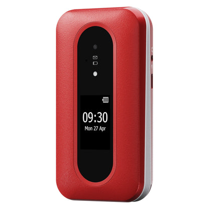 Doro Leva L31 mobiltelefon 4G rød/hvid med sort frontpanel, visning af tid, dato, batteriikon og indikatorlys.