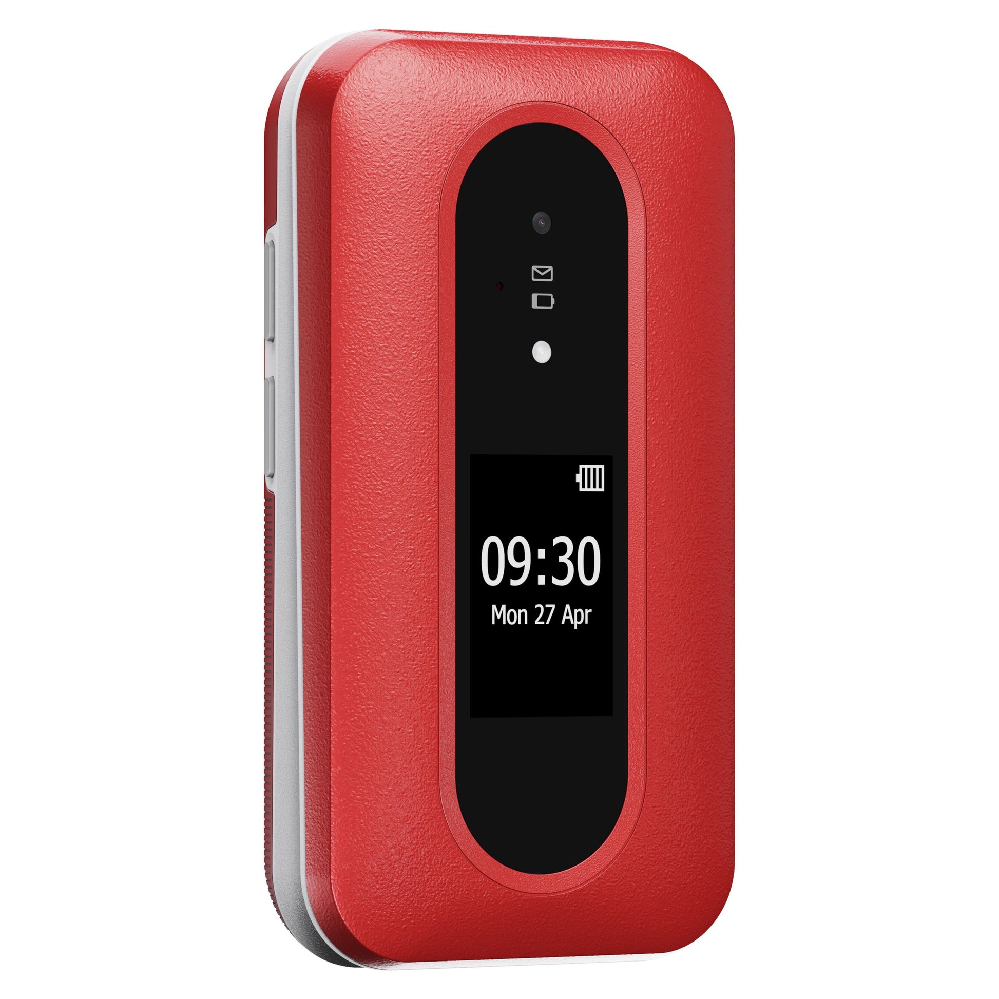 Doro Leva L31 4G mobiltelefon rød/hvid med afrundede kanter, tekstureret overflade og lille skærm med tid, dato, batteri.