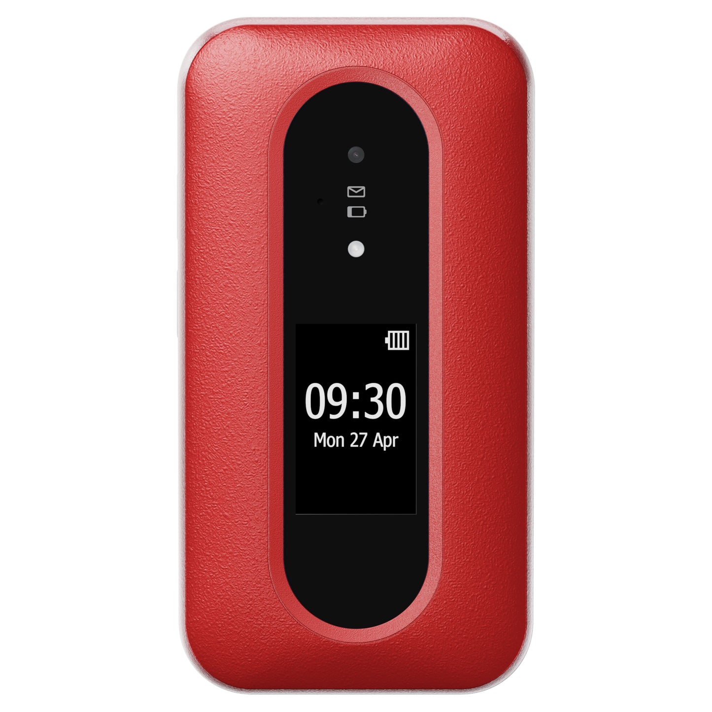 Doro Leva L31 mobiltelefon 4G rød/hvid med lille skærm, tid, dato, batteriindikator og statuslys over display.
