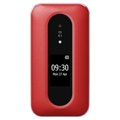 Doro Leva L31 mobiltelefon 4G rød/hvid med lille skærm, tid, dato, batteriindikator og statuslys over display.