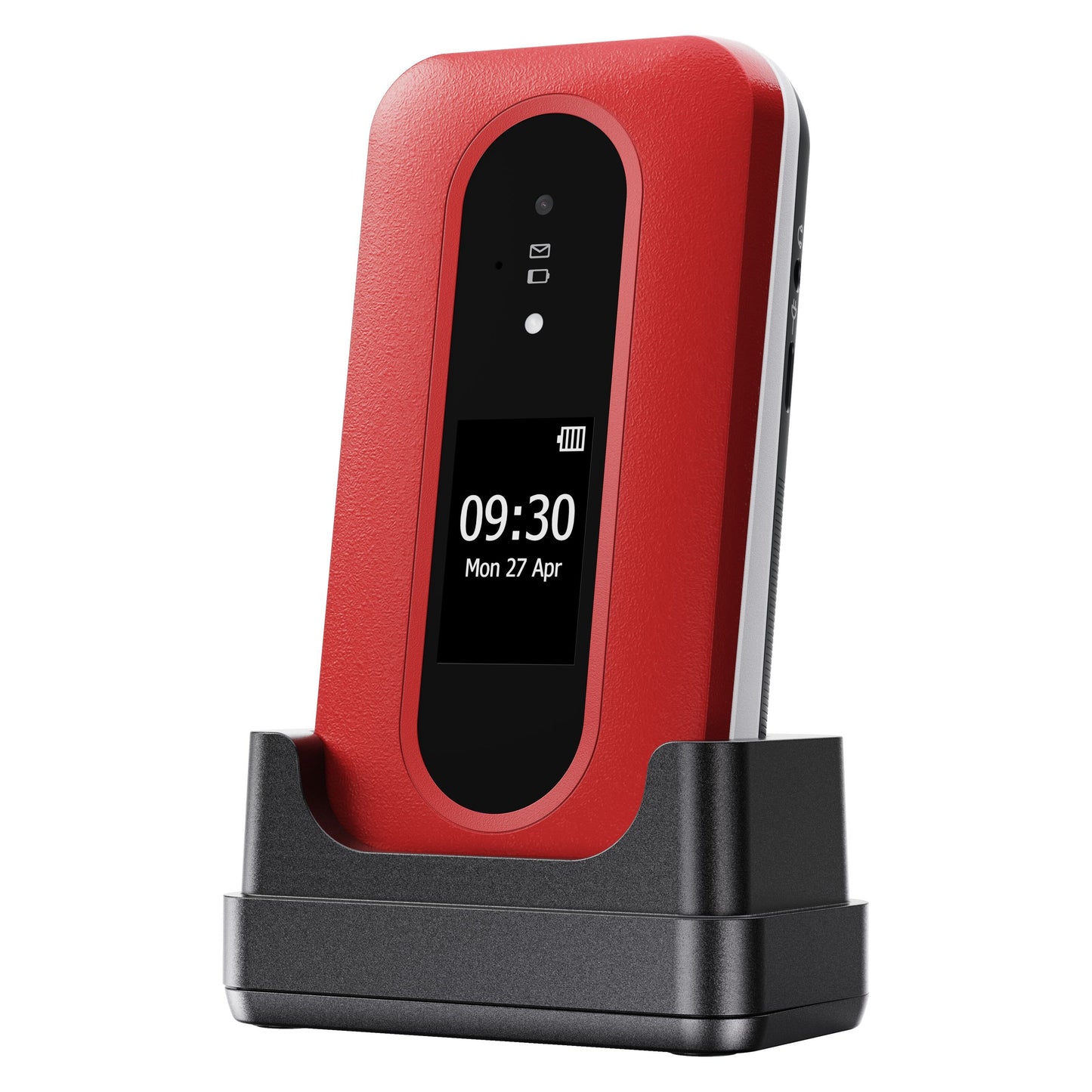 Doro Leva L31 4G mobiltelefon rød/hvid lukket i sort opladerstation, ekstern skærm viser 09:30 og 27. april.
