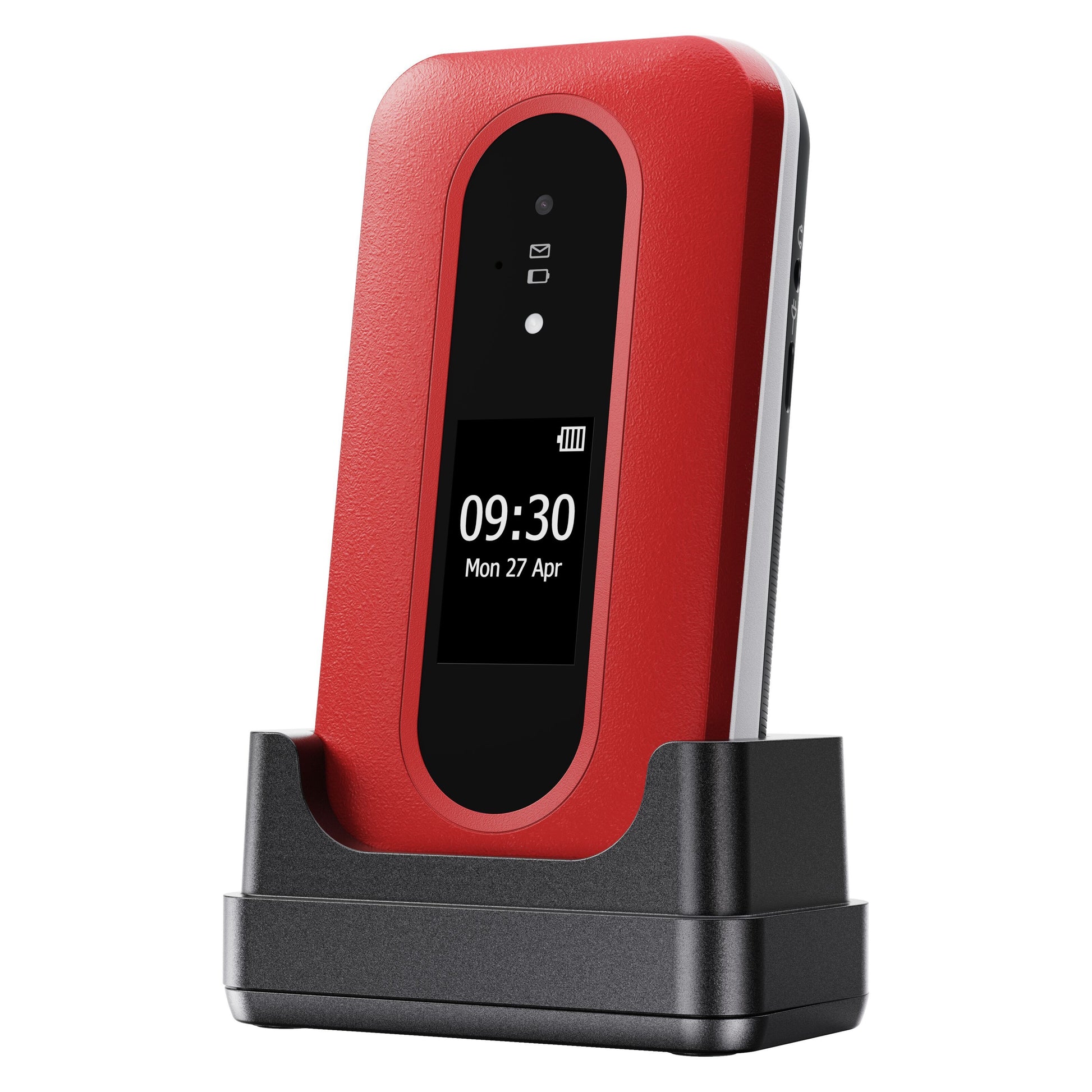 Doro Leva L31 4G mobiltelefon rød/hvid lukket i sort opladerstation, ekstern skærm viser 09:30 og 27. april.