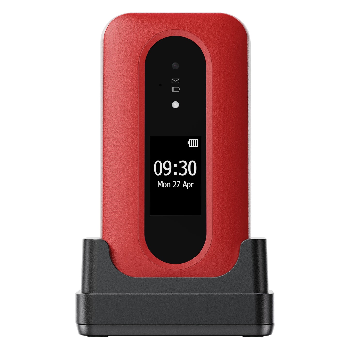 Doro Leva L31 mobiltelefon 4G rød/hvid i sort oplader, display viser klokken 09:30 og datoen Mon 27 Apr.