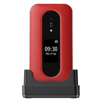 Doro Leva L31 mobiltelefon 4G rød/hvid i sort oplader, display viser klokken 09:30 og datoen Mon 27 Apr.
