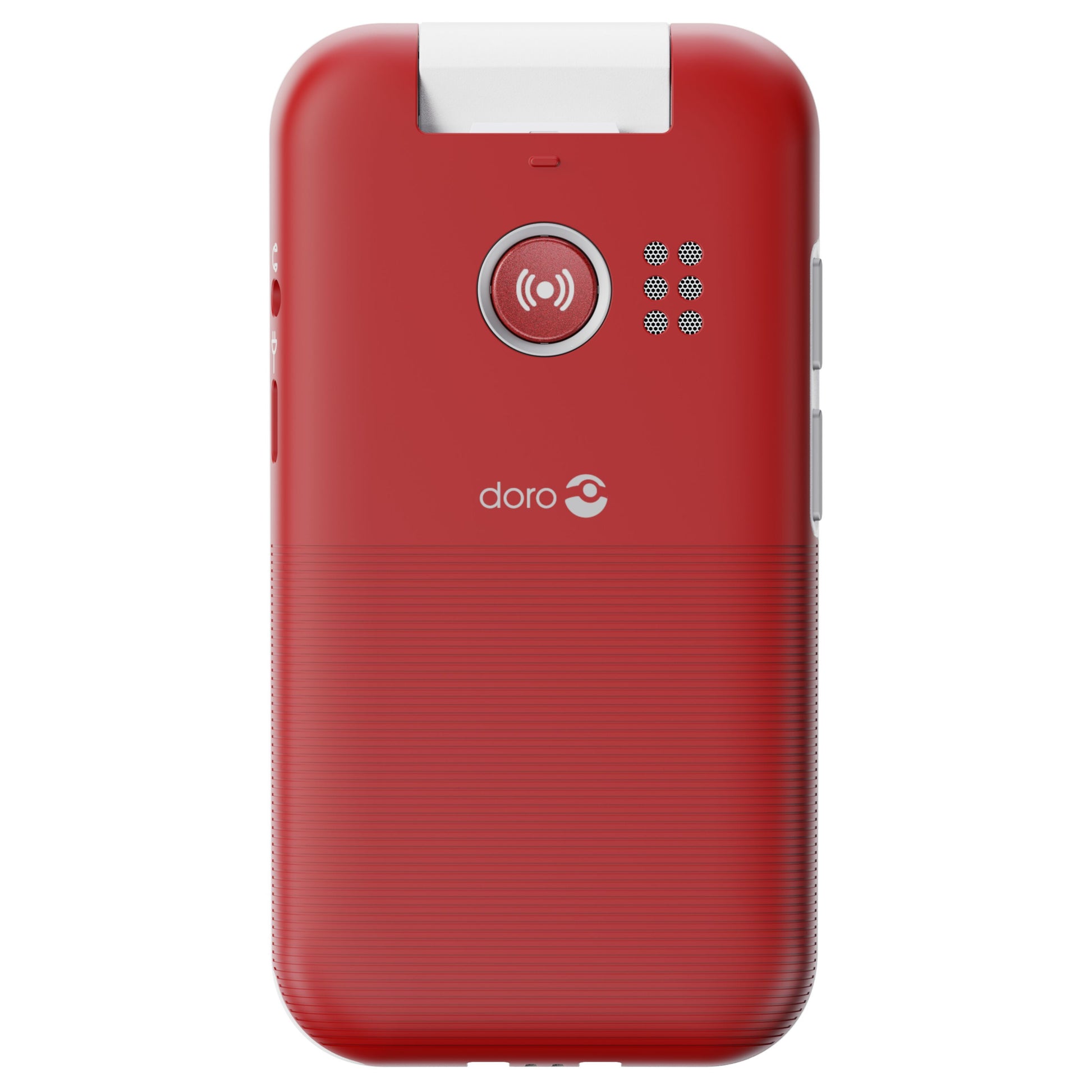 Doro Leva L31 mobiltelefon 4G rød/hvid sæt bagfra med stor rund nødopkaldsknap, højttalergrill og centralt Doro-logo.