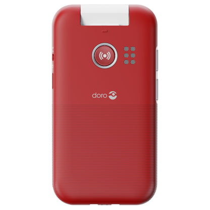 Doro Leva L31 mobiltelefon 4G rød/hvid sæt bagfra med stor rund nødopkaldsknap, højttalergrill og centralt Doro-logo.