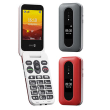 Doro Leva L31 mobiltelefon 4G rød/hvid, åben med stort tastatur og farveskærm, lukkede visninger viser ekstern skærm.
