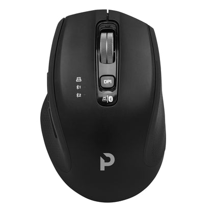 Plexgear MK1002 Silent sort genopladelig Bluetooth-mus med sidegreb, scrollhjul, DPI-knap, batteri- og forbindelsesindikatorer.