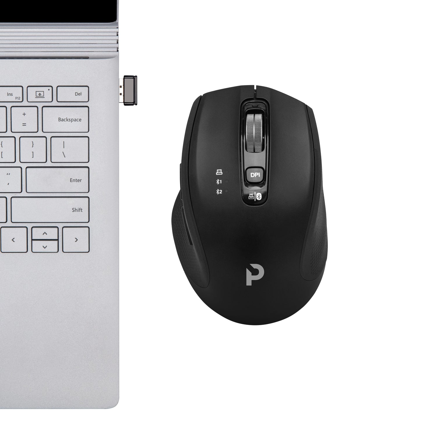Sølvfarvet laptop med USB-modtager ved siden af sort Plexgear MK1002 Silent genopladelig Bluetooth-mus.
