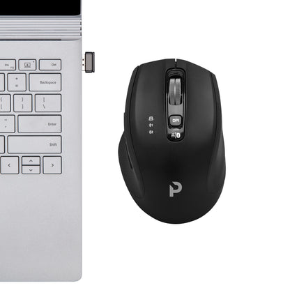 Sølvfarvet laptop med USB-modtager ved siden af sort Plexgear MK1002 Silent genopladelig Bluetooth-mus.