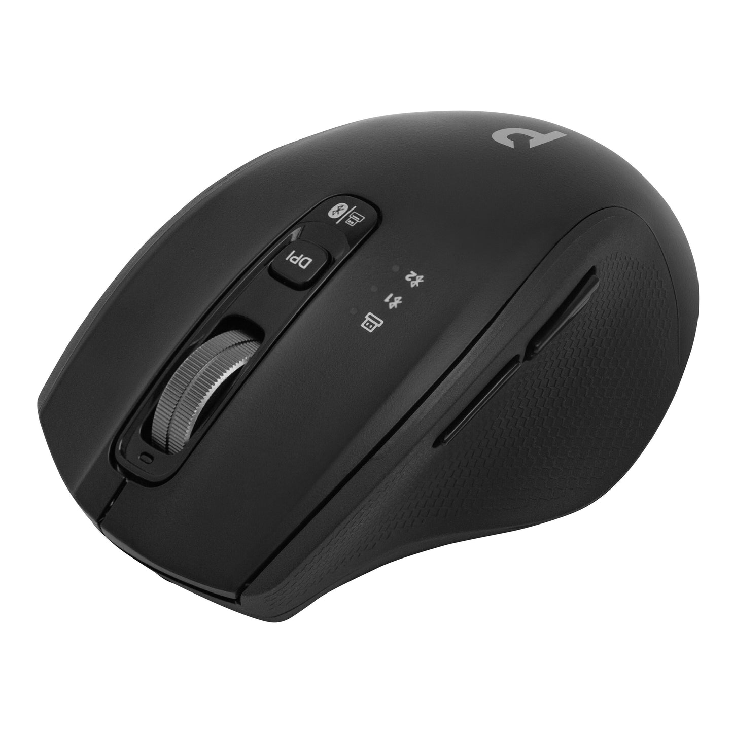 MK1002 Silent Bluetooth-mus sort, ergonomisk med flere sideknapper, scrollhjul og DPI-knap på toppen.