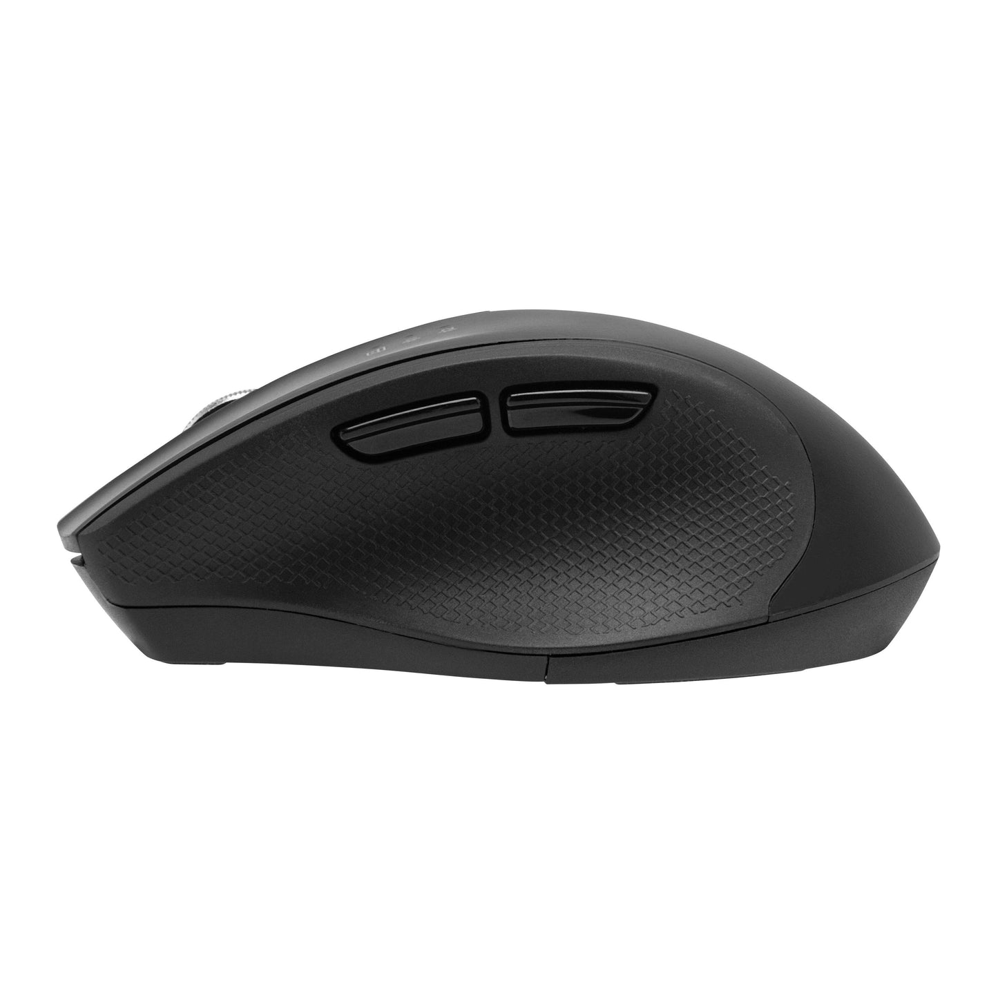 Plexgear MK1002 Silent sort genopladelig Bluetooth-mus sæt fra siden med to tommelfingerknapper og tekstureret greb.