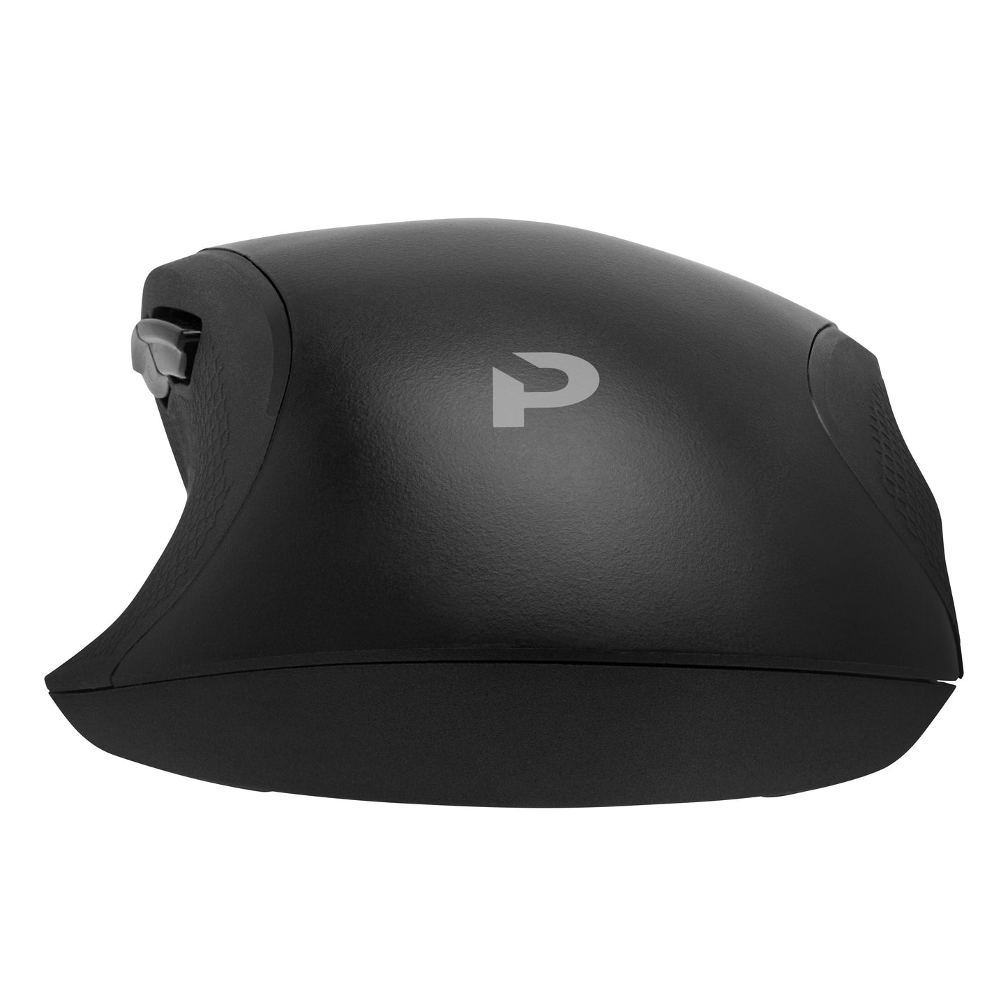 Plexgear MK1002 Silent sort ergonomisk vertikal Bluetooth-mus, genopladelig, mat finish, P-logo på siden, sidevinkel.