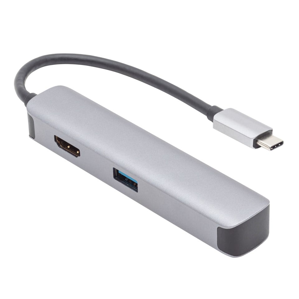The Plexgear USB-C Multiadapter - 5 porte is a gray adapter with an attached cable, featuring HDMI, USB-A, and extra side slots to expand your device connectivity.