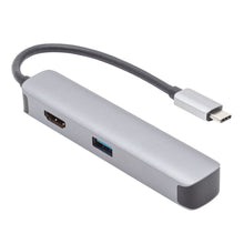 The Plexgear USB-C Multiadapter - 5 porte is a gray adapter with an attached cable, featuring HDMI, USB-A, and extra side slots to expand your device connectivity.