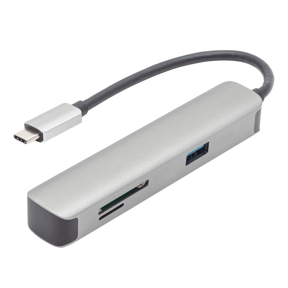 The Plexgear USB-C Multiadapter - 5 porte is silver with a short black cable and offers 5 ports, including USB, SD card, and microSD card slots on the side.