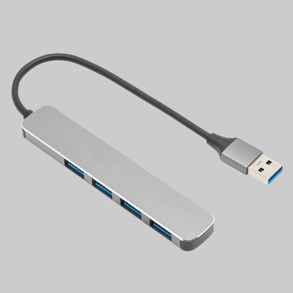 Plexgear USB 3.2 Gen 1 hub, sølv, 4 USB-A porte, kort sort kabel.