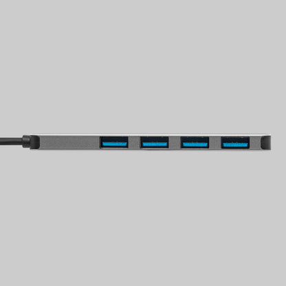 USB-A hub med USB-C kabel, model CB223, 4 blå USB 3.0 porte foran, sort kabel, USB-C stik.