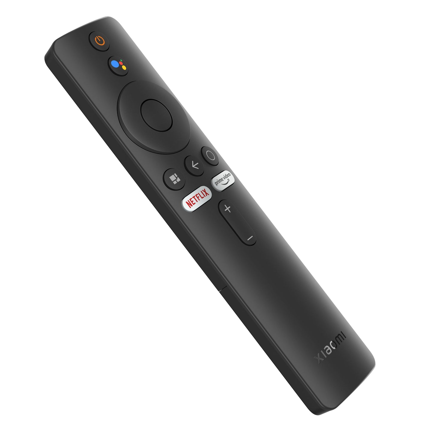 Xiaomi Mi TV Stick sorterer fjernbetjening med knapper til Google Assistant, Netflix, Prime Video, kompatibel med Android via HDMI.