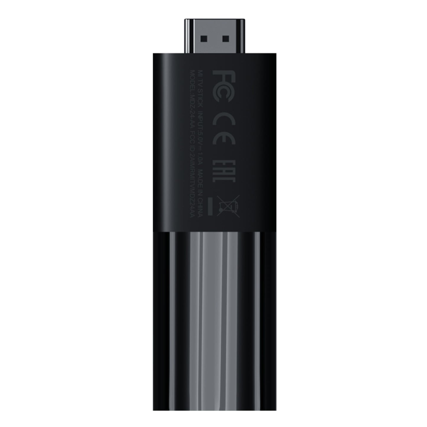 Xiaomi Mi TV Stick sort med Android, FCC CE EAC mærker, HDMI-stik øverst ved lodret placering.