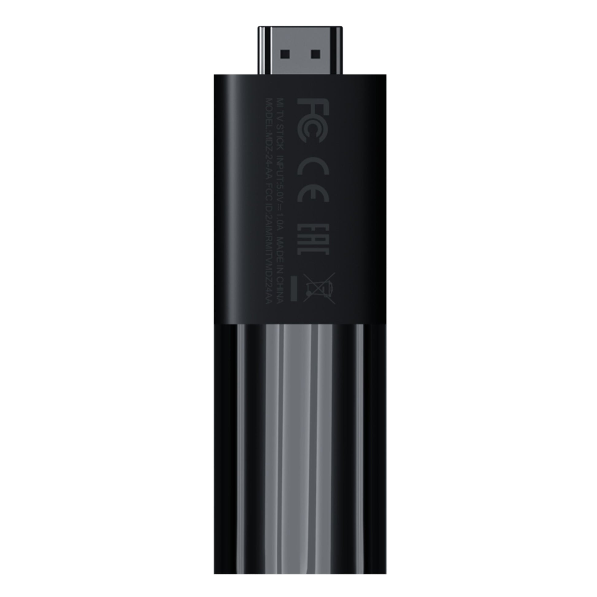 Xiaomi Mi TV Stick sort med Android, FCC CE EAC mærker, HDMI-stik øverst ved lodret placering.