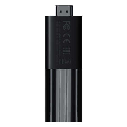 Xiaomi Mi TV Stick sort med Android, FCC CE EAC mærker, HDMI-stik øverst ved lodret placering.