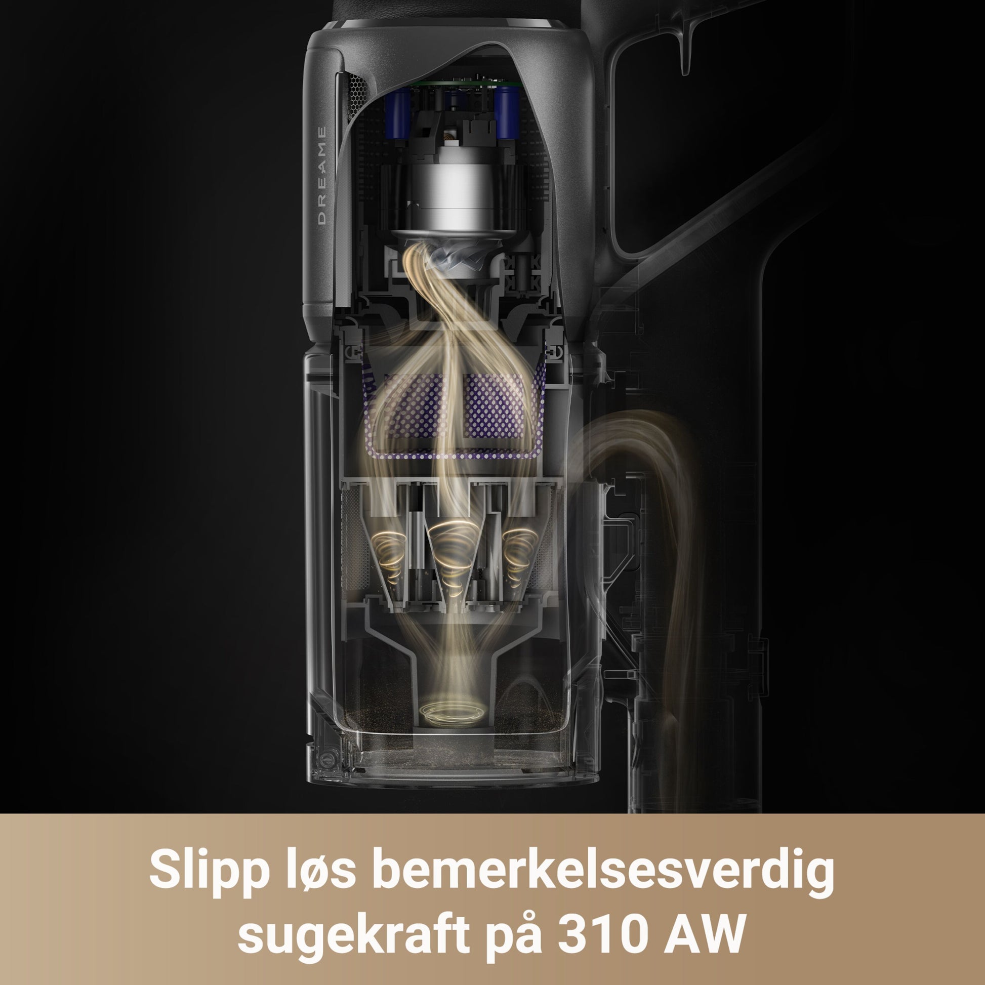 Dreame Stangstøvsuger Z30 vises tæt på med synligt luftflow, HEPA-filter og teksten "Slipp løs bemerkelsesverdig sugekraft på 310 AW.