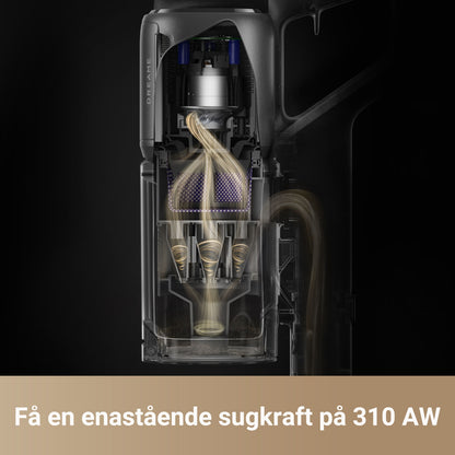 Dreame Stangstøvsuger Z30 tværsnit med markerede indvendige dele, guldfarvede luftveje, HEPA-filter, tekst: 310 AW.