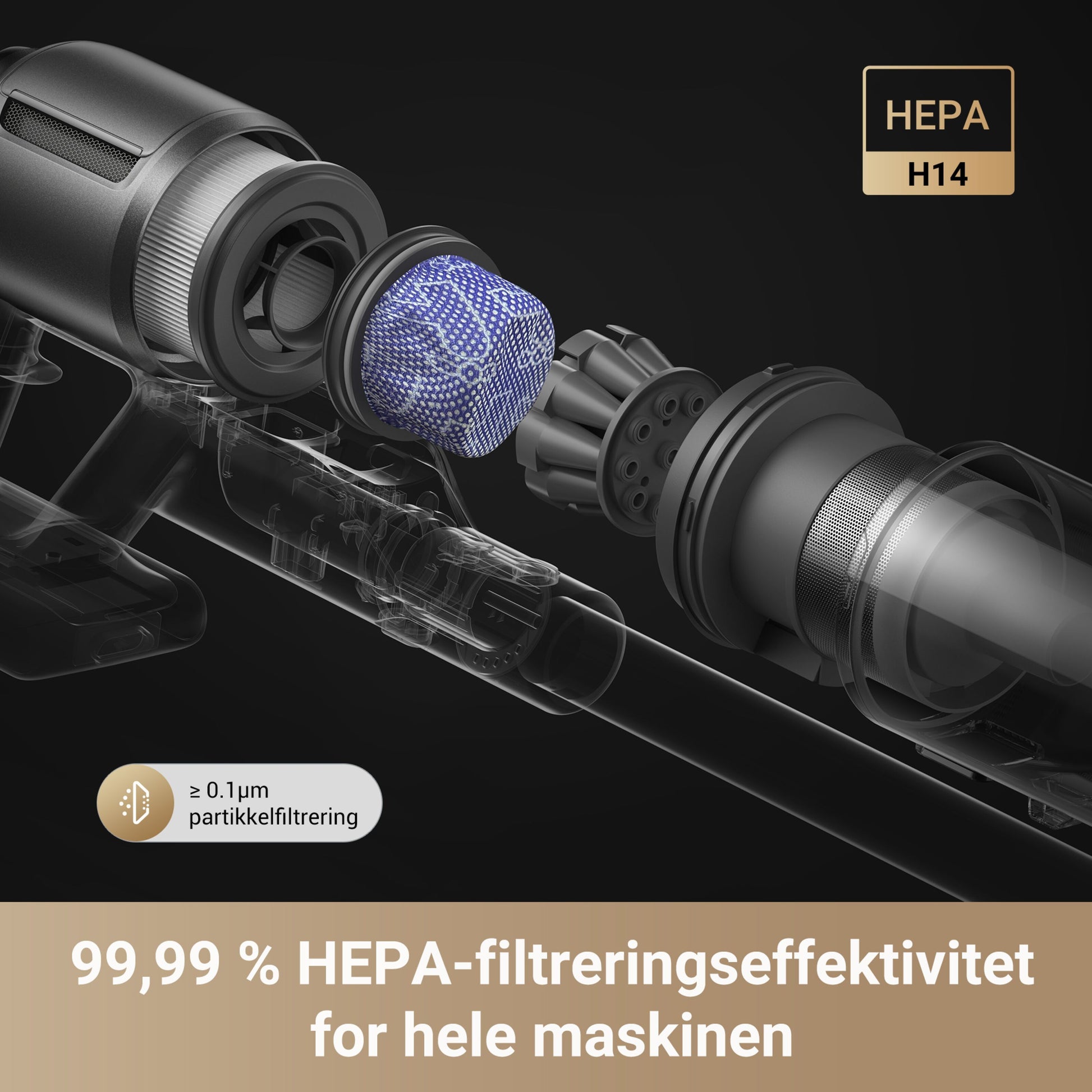 Dreame Stangstøvsuger Z30 eksploderet HEPA-filtersystem, 99,99 filtrering, ≥0,1µm partikler.