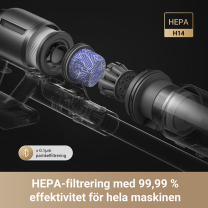 Dreame Stangstøvsuger Z30 cutaway med synlig HEPA-filter og 99,99  effektivitet, svensk tekst på maskinen.