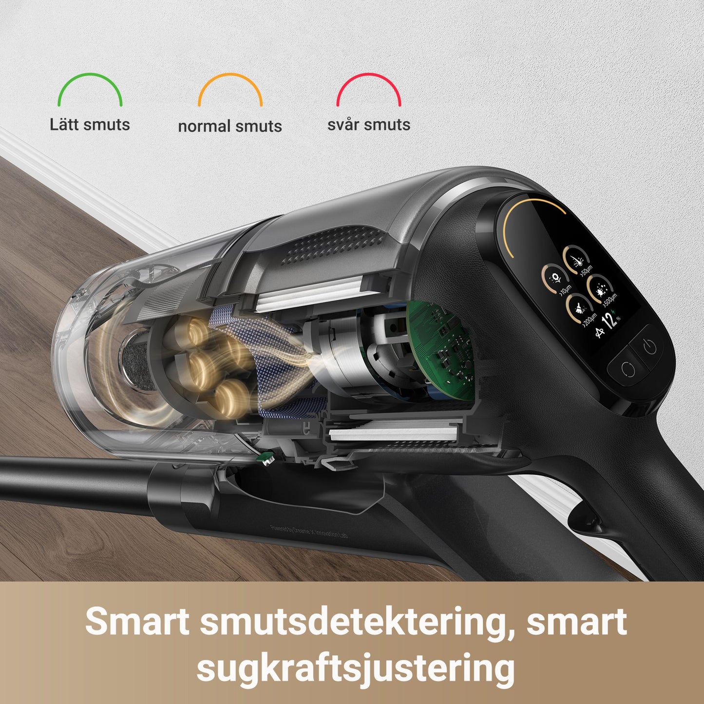 Dreame Stangstøvsuger Z30 ledningsfri støvsuger nærbillede af indre dele, HEPA-filter og display med sugeeffekt-indikator.