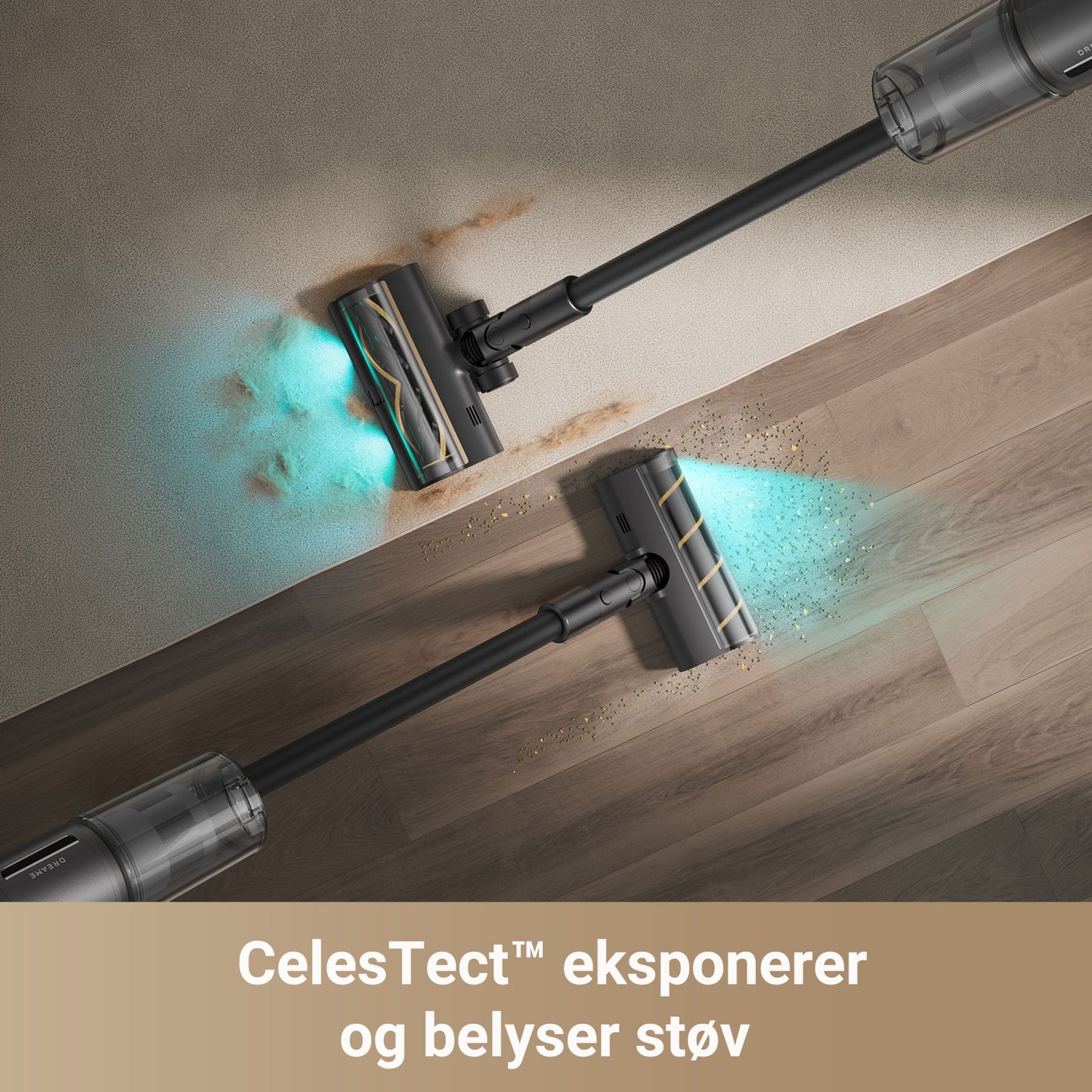 Dreame Stangstøvsuger Z30 støvsuger til gulvtæppe og trægulv med blåt lys CelesTect™ eksponerer og belyser støv.