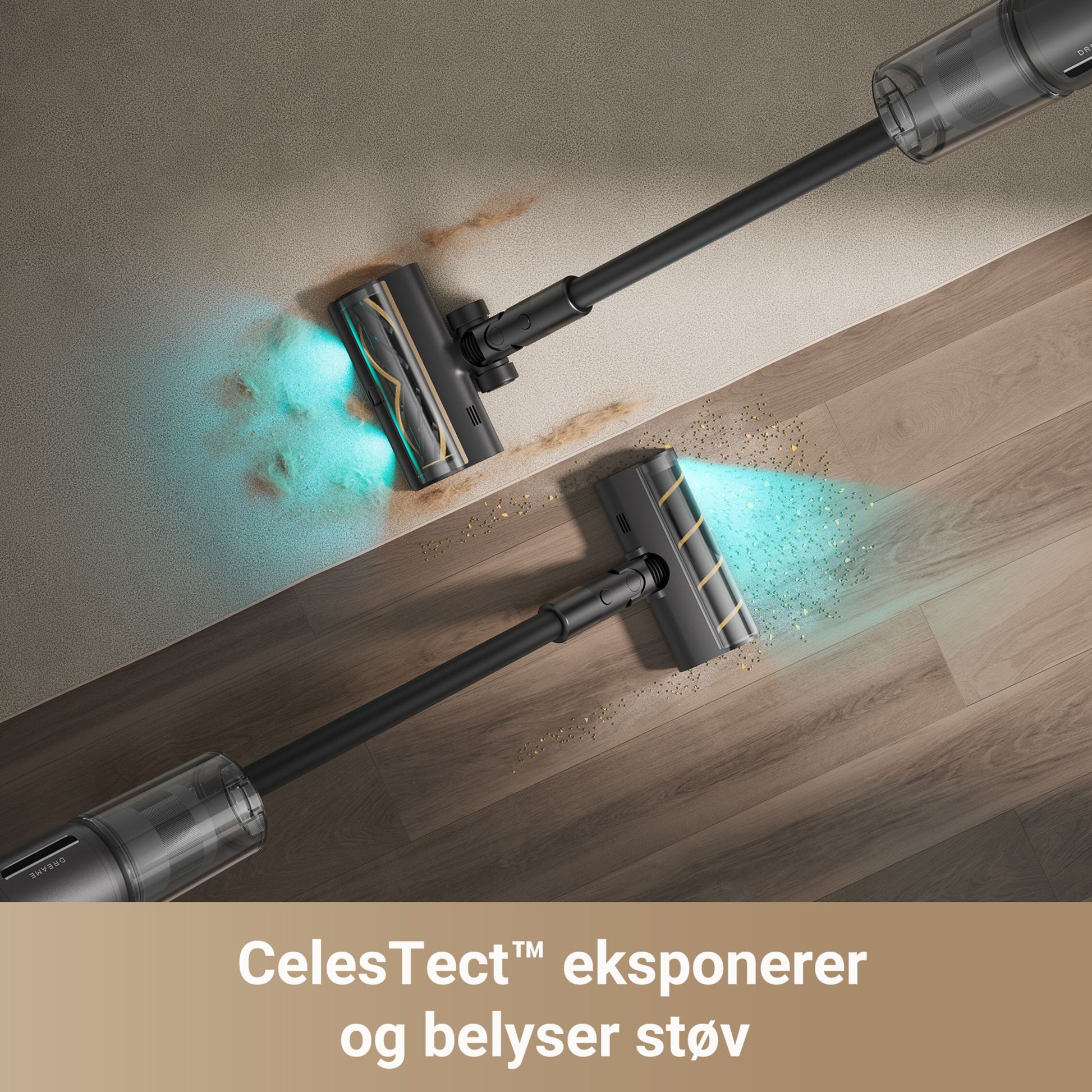 Dreame Stangstøvsuger Z30 støvsuger til gulvtæppe og trægulv med blåt lys CelesTect™ eksponerer og belyser støv.