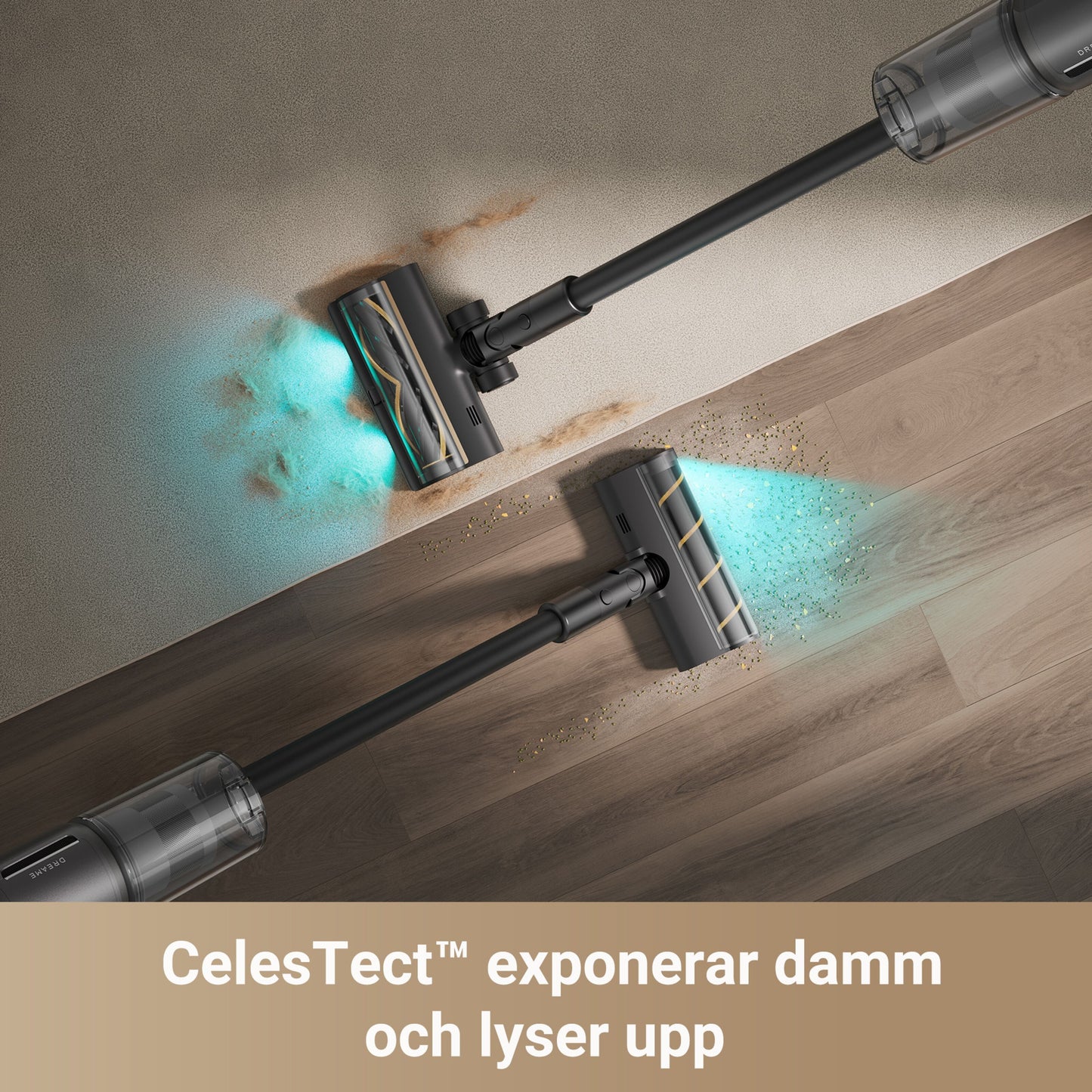Dreame Stangstøvsuger Z30 med blå lys, HEPA-filter, viser støv på tæppe/træ. CelesTect™ tekst på svensk.