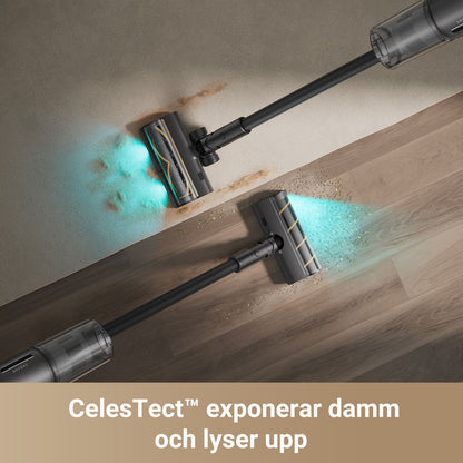 Dreame Stangstøvsuger Z30 med blå lys, HEPA-filter, viser støv på tæppe/træ. CelesTect™ tekst på svensk.