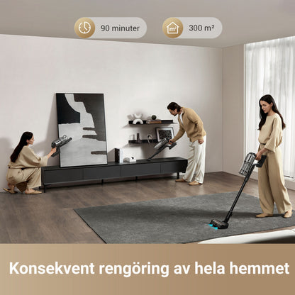 Dreame Stangstøvsuger Z30 trådløs, HEPA-filter, 90 min batteri, dækker op til 300 m² i moderne stue.