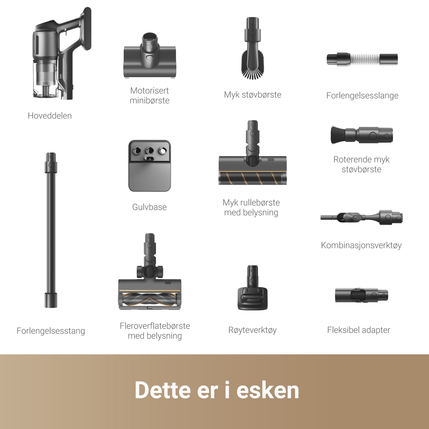 Dreame Z30 stangstøvsuger med hoveddel, motoriseret minibørste, blød støvbørste, HEPA-filter, slange og gulvbørste.