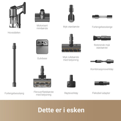 Dreame Z30 stangstøvsuger med hoveddel, motoriseret minibørste, blød støvbørste, HEPA-filter, slange og gulvbørste.