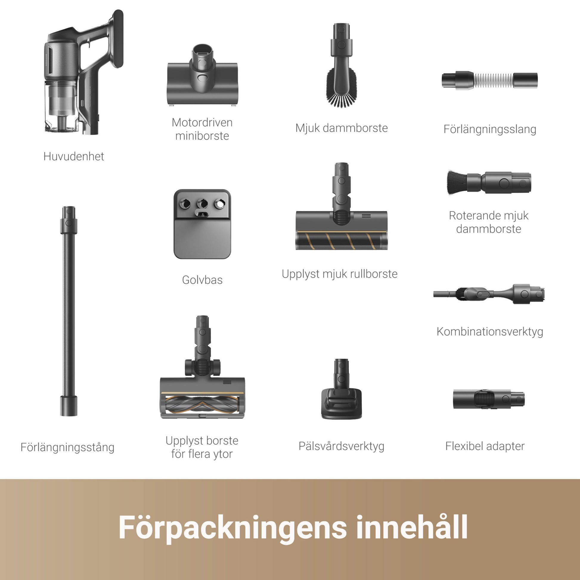 Dreame Z30 ledningsfri stangstøvsuger med HEPA-filter, børster, forlængerslange, bundt, rulle, værktøjer og adapter.