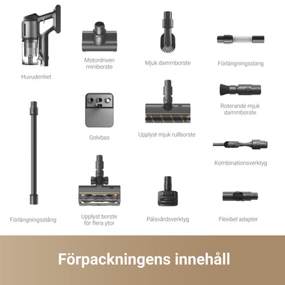 Dreame Z30 ledningsfri stangstøvsuger med HEPA-filter, børster, forlængerslange, bundt, rulle, værktøjer og adapter.