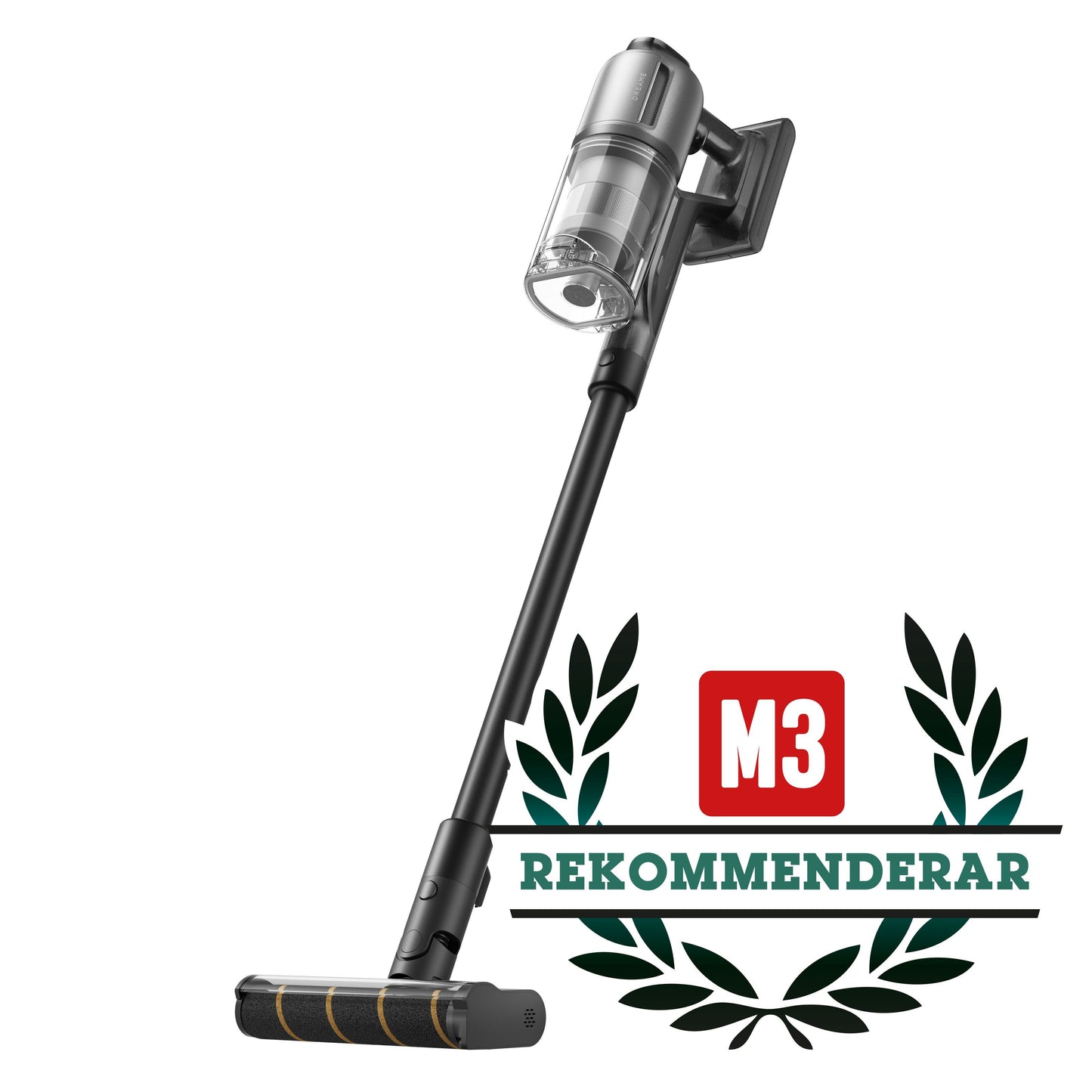 Dreame Stangstøvsuger Z30 står oprejst, synlig HEPA filter badge og M3 Rekommenderar logo med laurbærkrans.